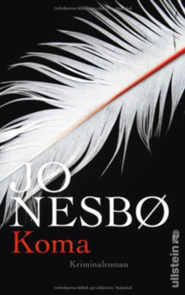 Das Cover des Buches „Koma“ von Jo Nesbø zeigt eine weiße Feder auf schwarzem Grund.