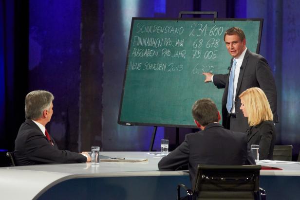 Ein Mann präsentiert Schuldenzahlen auf einer Tafel vor Publikum.