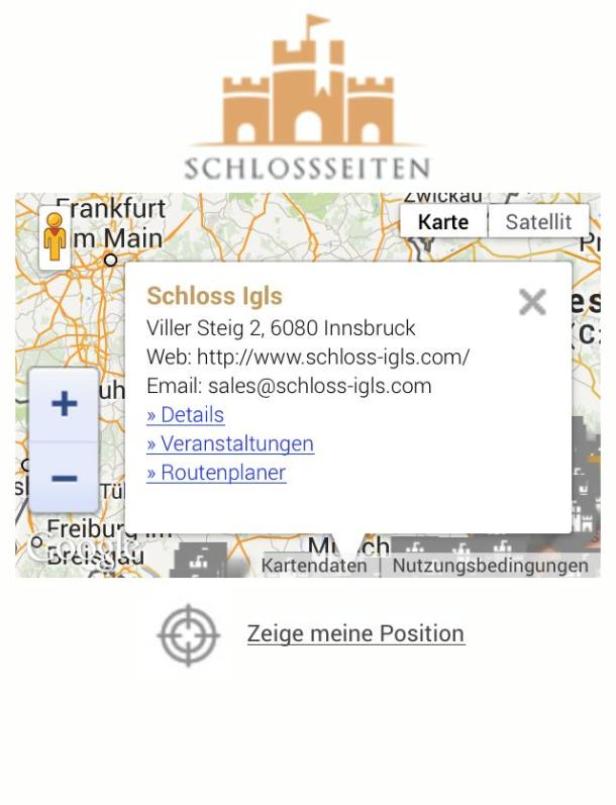 Ein Screenshot einer Karte mit Informationen zu Schloss Igls in Innsbruck.