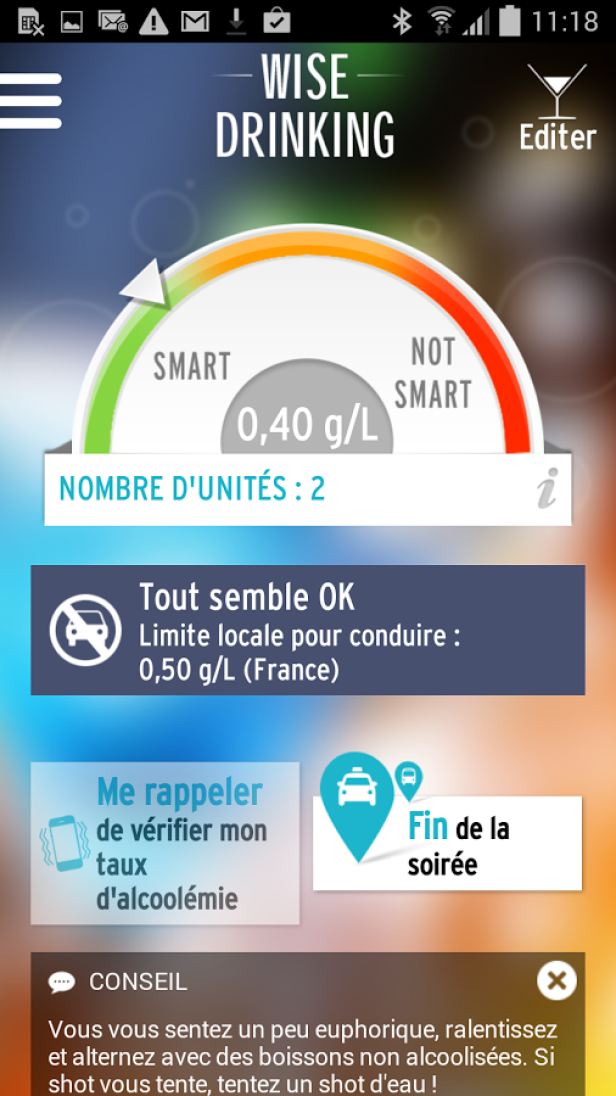 Ein Screenshot der „Wise Drinking“-App, die den aktuellen Blutalkoholgehalt anzeigt.