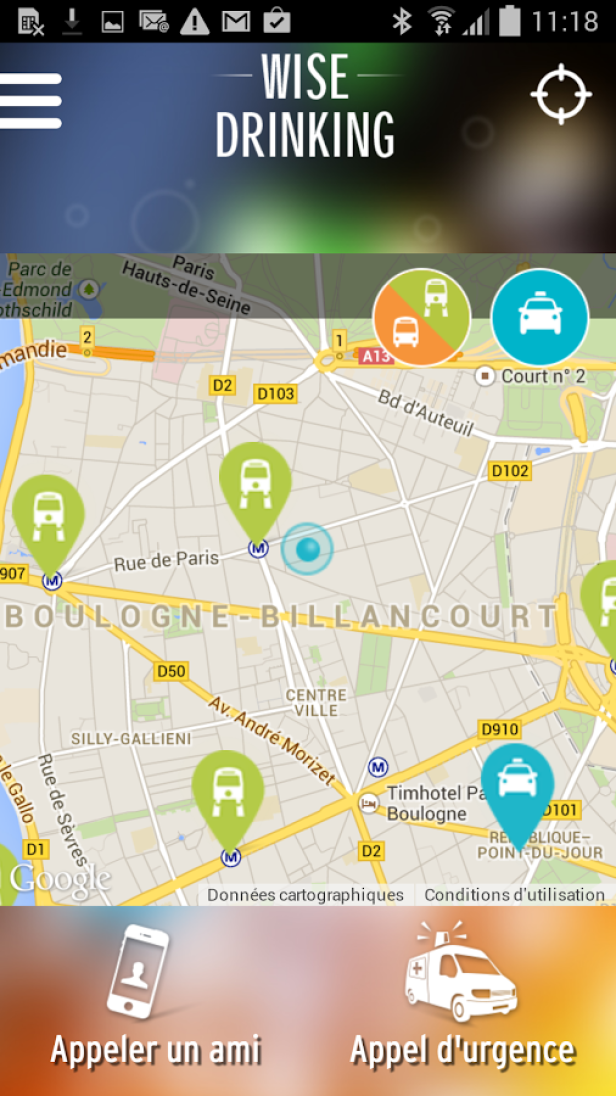 Ein Screenshot der „Wise Drinking“-App mit einer Karte von Boulogne-Billancourt, Paris.