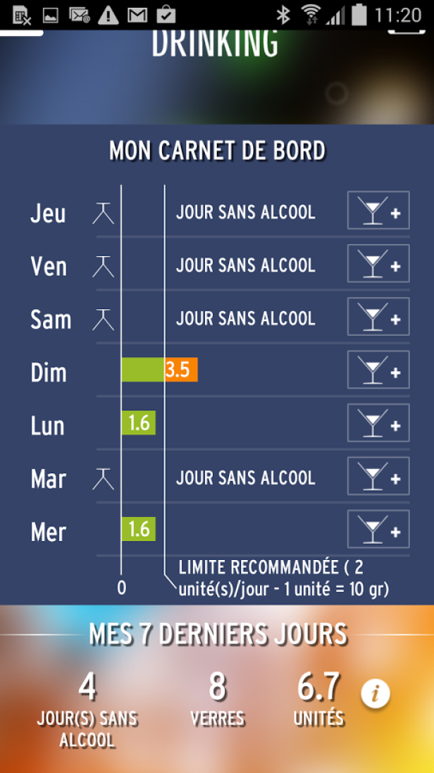 Ein Bildschirmfoto einer App zur Überwachung des Alkoholkonsums, die die letzten sieben Tage anzeigt.
