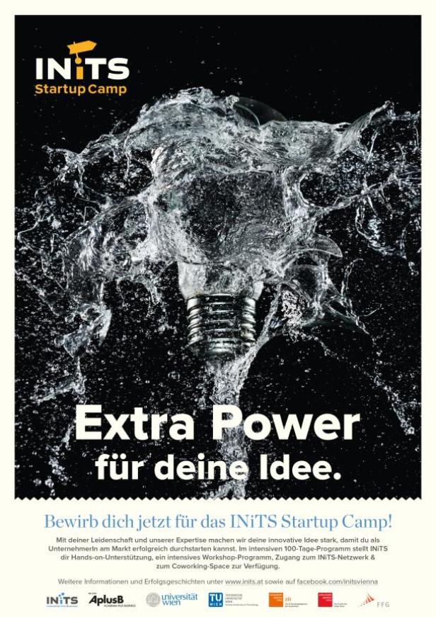 Eine Glühbirne wird von Wasser umspült, als Symbol für „Extra Power für deine Idee“.