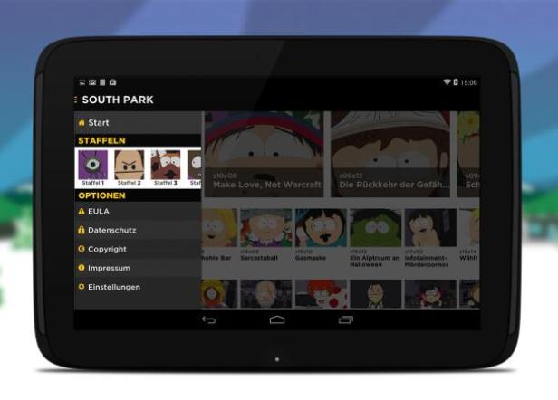 Ein Tablet zeigt das Menü der Serie „South Park“ mit verschiedenen Staffeln und Episoden.