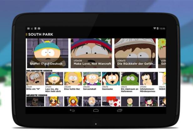 Ein Tablet zeigt die South Park App mit verschiedenen Episoden zur Auswahl.