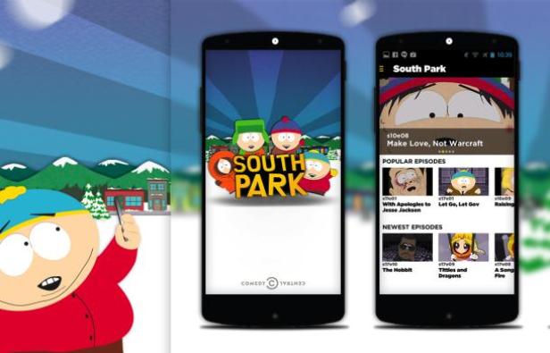 Zwei Smartphones zeigen die „South Park“-App mit Episoden wie „Make Love, Not Warcraft“.