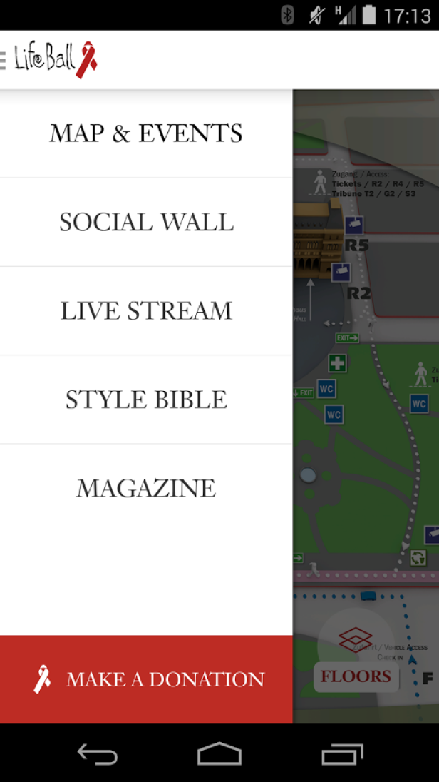 Ein Screenshot der Life Ball App mit Menü und Veranstaltungsort-Karte.
