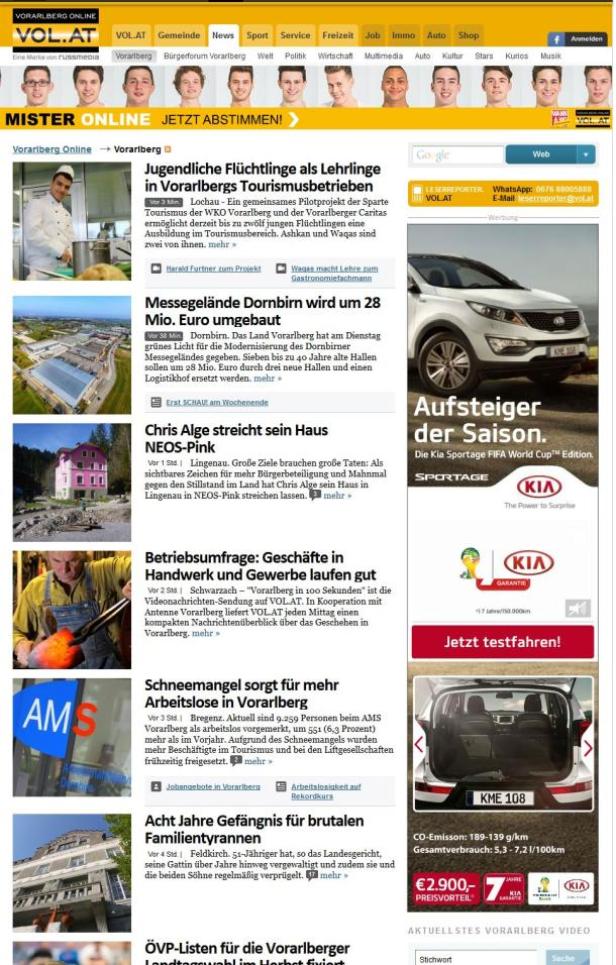 Eine Webseite von VOL.AT mit Nachrichten aus Vorarlberg, darunter ein Artikel über jugendliche Flüchtlinge als Lehrlinge.