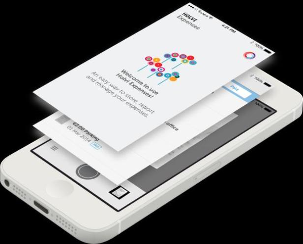 Ein Smartphone zeigt die Holvi Expenses App zur Ausgabenverwaltung.