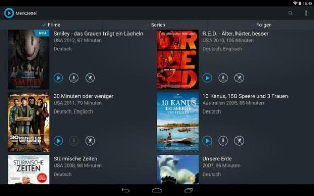 Ein Bildschirm mit Film- und Serientiteln wie „Smiley“, „R.E.D.“ und „Unsere Erde“.