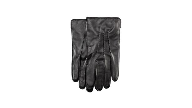 Ein Paar schwarze Lederhandschuhe auf einem weißen Hintergrund.