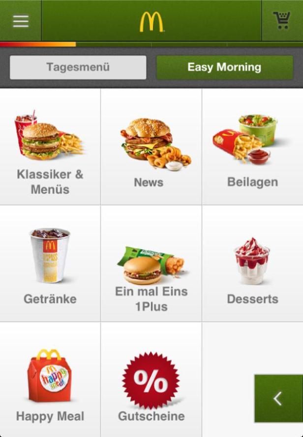 Ein Screenshot der McDonald's App mit verschiedenen Menüpunkten.