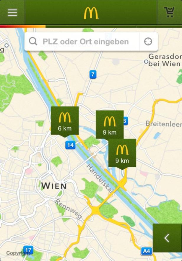 Eine Karte von Wien mit mehreren McDonald's Standorten in der Umgebung.