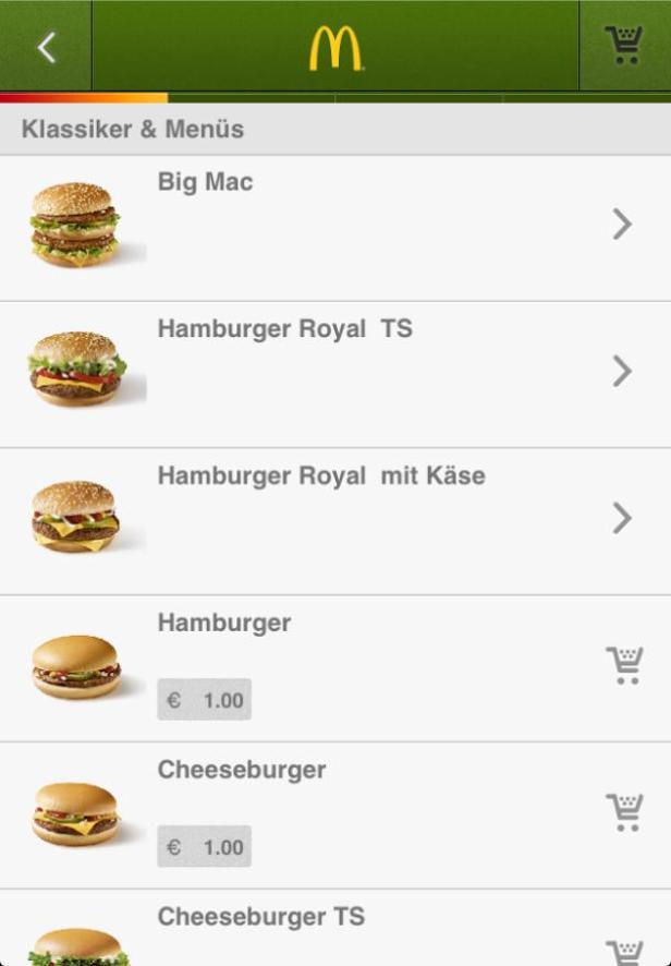 Ein Menü der McDonald's App mit verschiedenen Burgern wie Big Mac und Hamburger Royal.