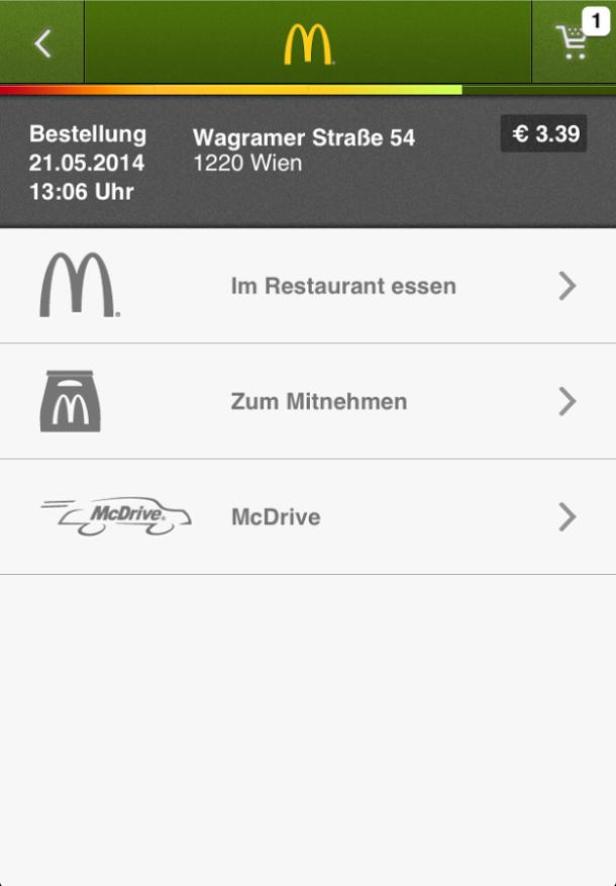 Ein Screenshot der McDonald's App mit Optionen für Restaurantbesuch, Mitnehmen und McDrive.