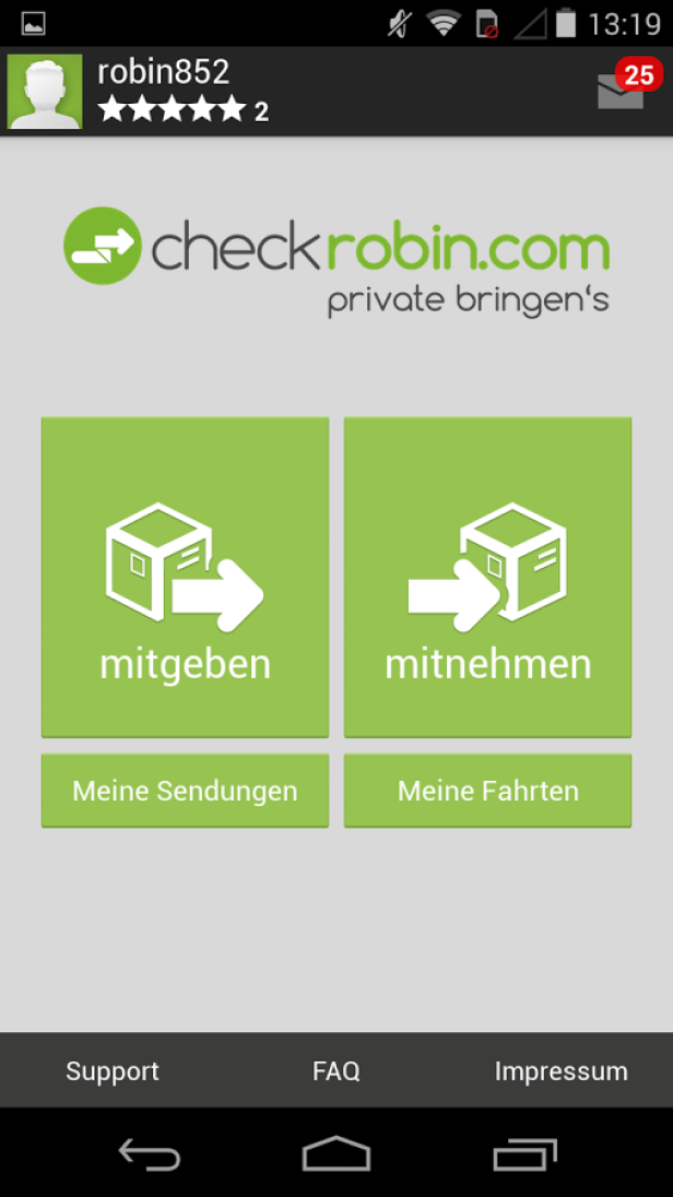 Ein Screenshot der Checkrobin-App mit den Optionen „mitgeben“ und „mitnehmen“.