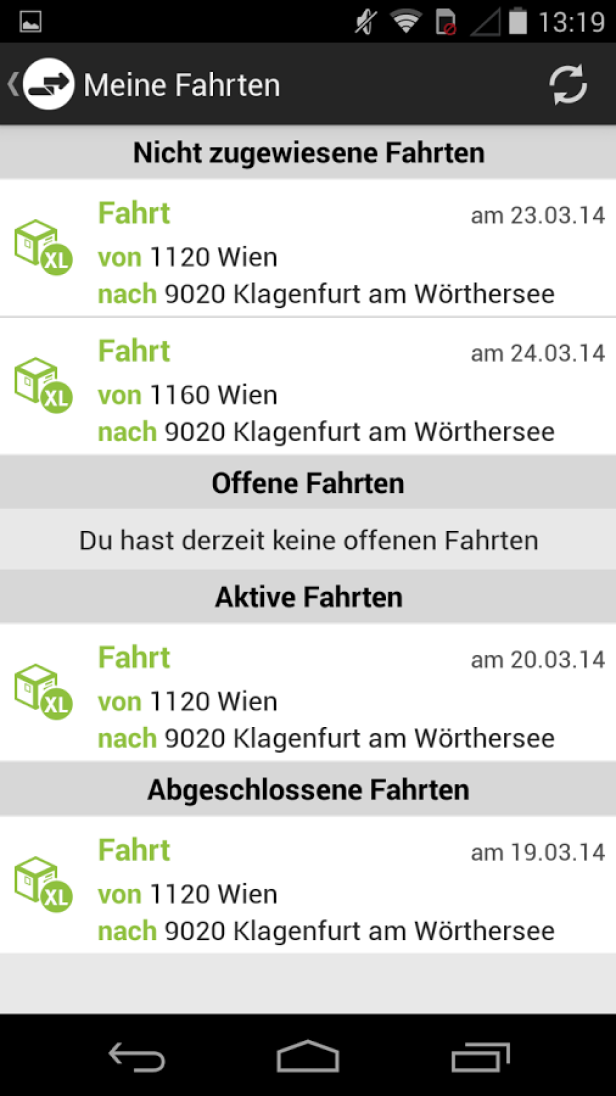 Ein Screenshot der „Meine Fahrten“-Ansicht einer Transport-App, die Fahrten von Wien nach Klagenfurt am Wörthersee auflistet.