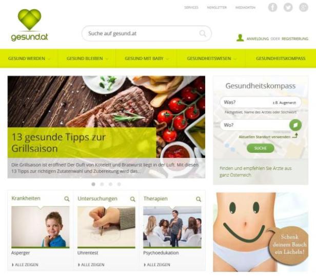 Die Startseite von gesund.at mit Artikeln zu Grilltipps, Krankheiten und dem Gesundheitskompass.