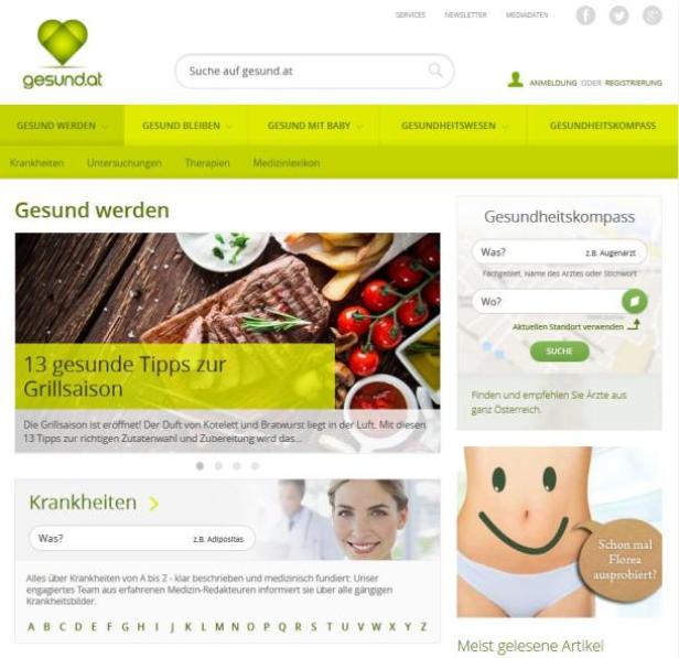 Die Startseite der Webseite gesund.at mit Informationen zu Gesundheit, Krankheiten und Ernährung.