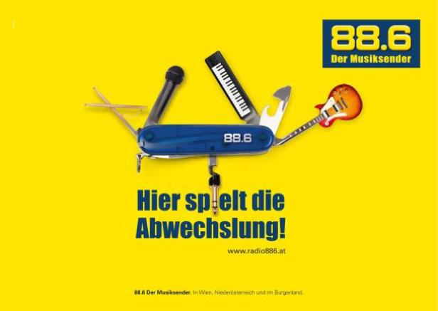 Ein Schweizer Taschenmesser mit Musikinstrumenten als Werkzeuge für den Radiosender 88.6.