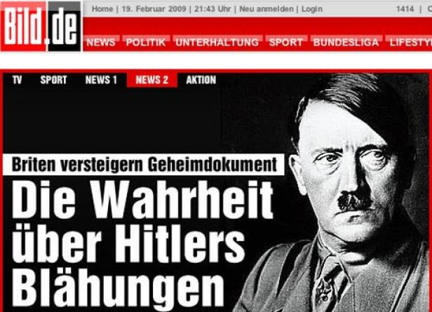 Titelseite von Bild.de mit einem Artikel über „Die Wahrheit über Hitlers Blähungen“.