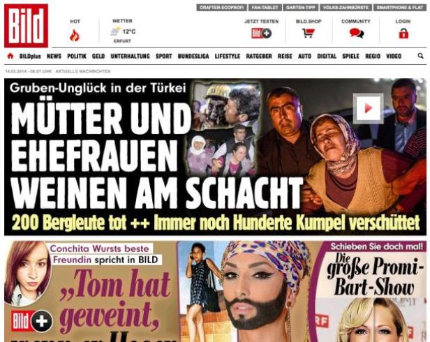 Titelseite der Bild-Zeitung vom 14. Mai 2014 mit Schlagzeilen zum Grubenunglück in der Türkei und Conchita Wurst.