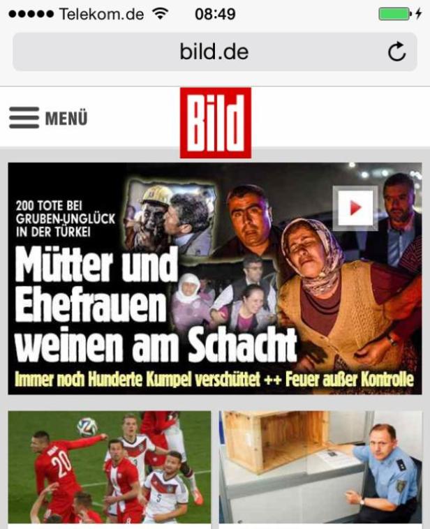 Screenshot der Titelseite von Bild.de mit einer Meldung über ein Grubenunglück in der Türkei.