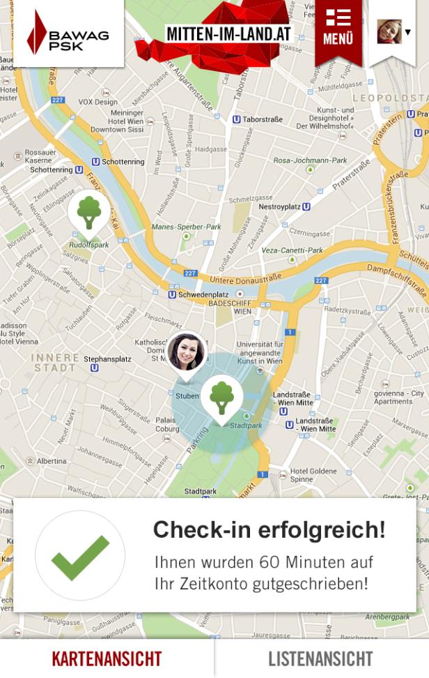 Eine Karte von Wien mit einem Check-in-Hinweis im Stadtpark, der 60 Minuten gutgeschrieben hat.