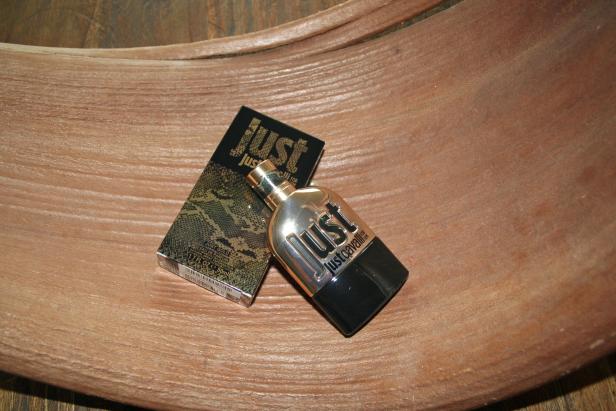 Eine Flasche und eine Verpackung von „Just Cavalli for Him“ auf einer Holzoberfläche.