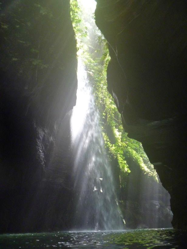 Ein Wasserfall ergießt sich in einen dunklen Canyon mit üppiger Vegetation.