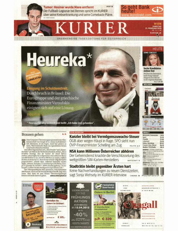 Titelseite des Kurier vom 21. Februar 2015 mit Artikeln zu verschiedenen Themen.