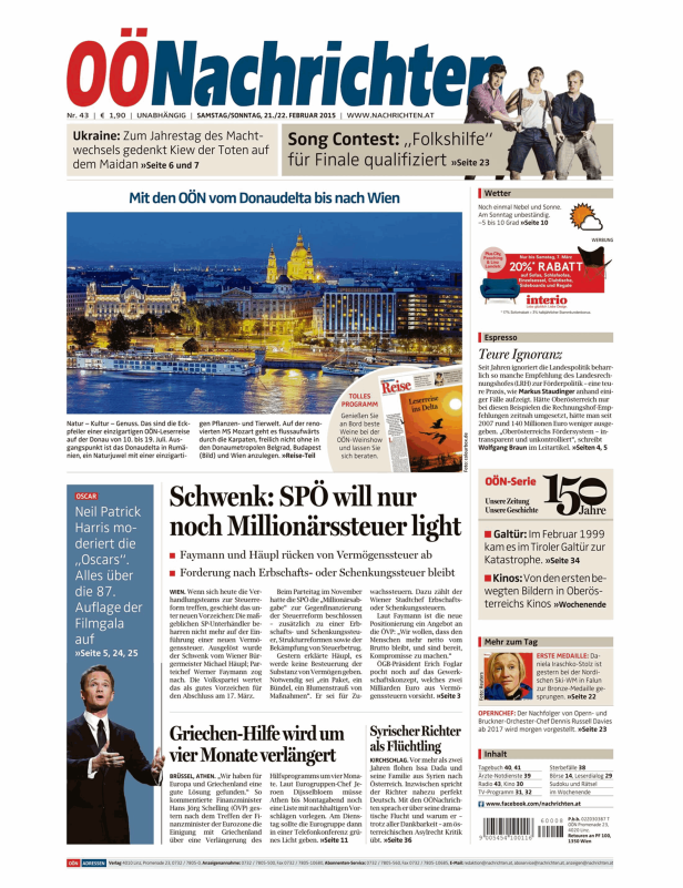 Titelseite der OÖNachrichten vom 21./22. Februar 2015.