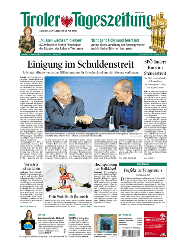 Titelseite der Tiroler Tageszeitung vom 21. Februar 2015 mit dem Titel „Einigung im Schuldenstreit“.