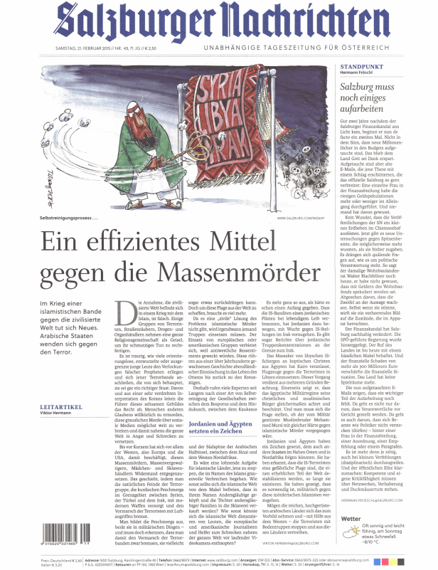 Karikatur in einer Zeitung zeigt einen Mann, der einen Teppich mit den Aufschriften „Syria, Libya, Irak“ ausklopft.