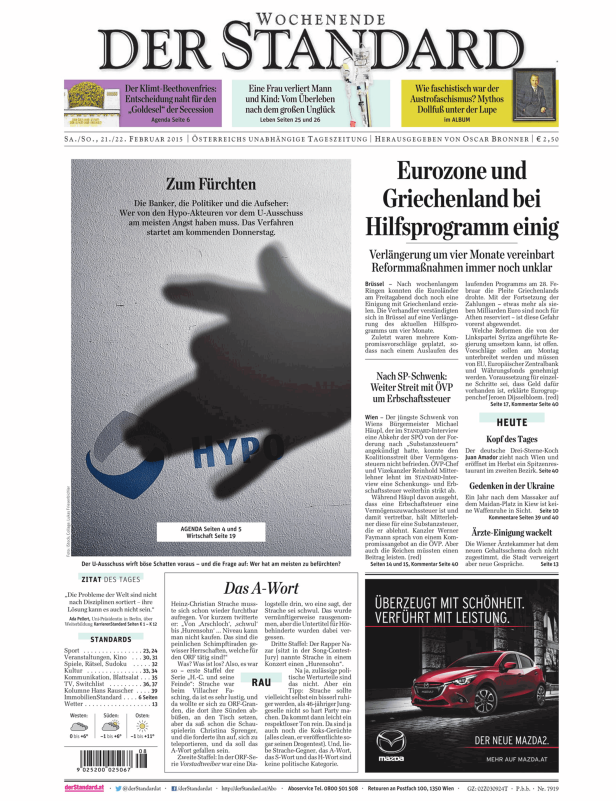 Titelseite der österreichischen Tageszeitung „Der Standard“ vom 21./22. Februar 2015.