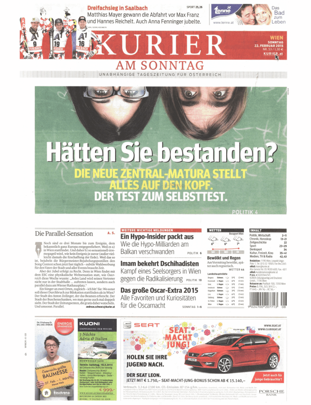 Titelseite der Zeitung „Kurier am Sonntag“ vom 22. Februar 2015.