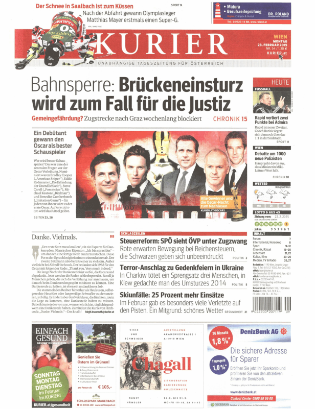 Titelseite des Kurier vom 23. Februar 2015 mit Nachrichten über Sport, Politik und Kultur.