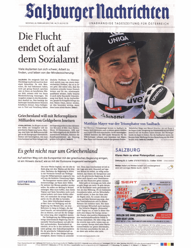 Titelseite der Salzburger Nachrichten vom 23. Februar 2015.
