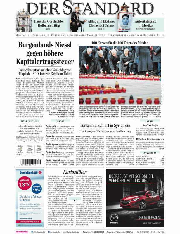 Titelseite der Zeitung Der Standard vom 23. Februar 2015.
