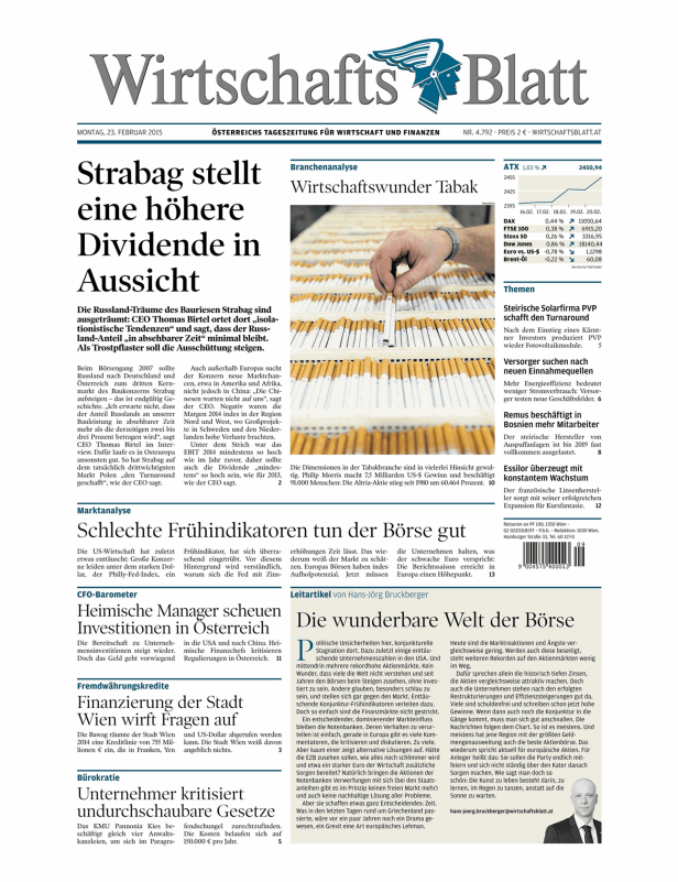 Titelseite des Wirtschaftsblatt vom 23. Februar 2015.