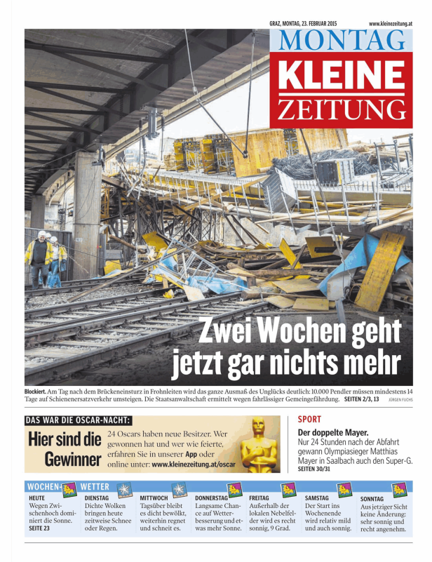 Nach dem Brückeneinsturz in Frohnleiten liegen Trümmer auf den Bahngleisen.