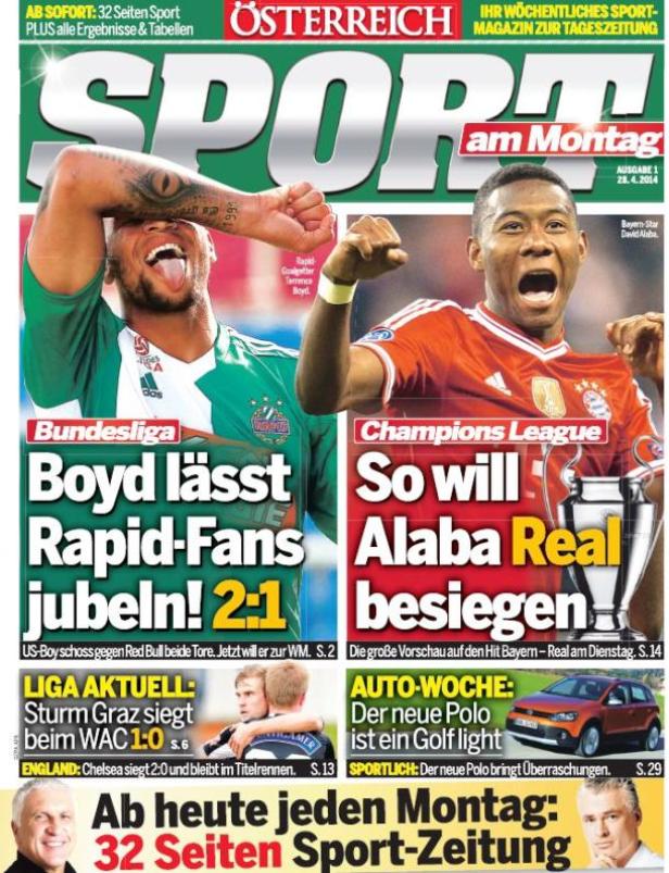 Titelseite der österreichischen Sportzeitung mit Bildern von Terence Boyd und David Alaba.