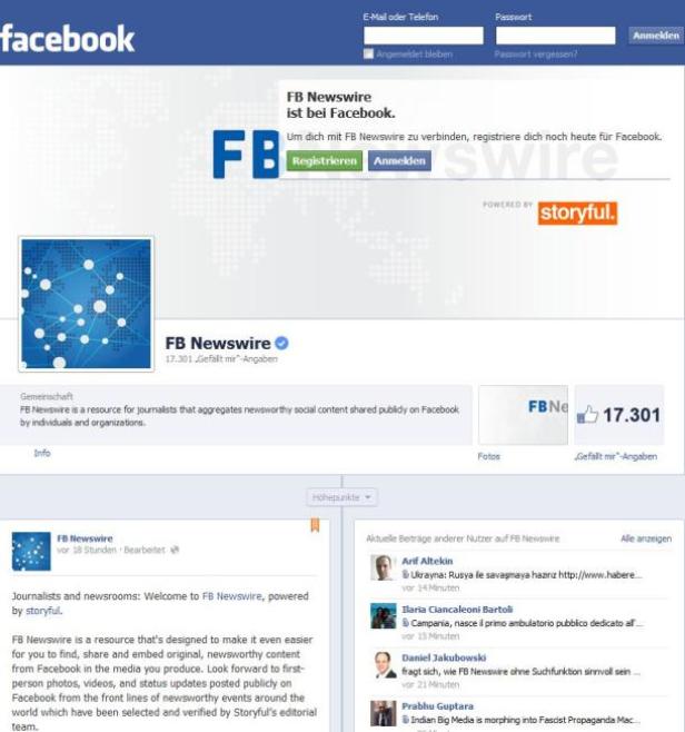 Screenshot der Facebook-Seite von FB Newswire.