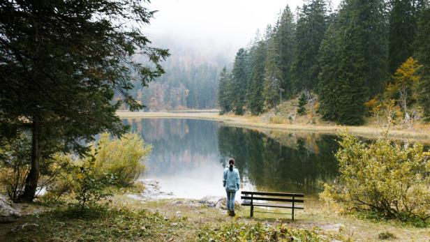 Eine Frau steht am Ufer eines Sees, umgeben von Bäumen und Bergen.