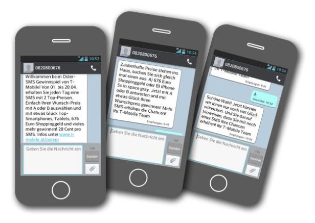 SMS-Werbung. Ein Klassiker des Mobile Marketings. Drei Smartphones zeigen SMS-Nachrichten von T-Mobile mit Gewinnspielangeboten.