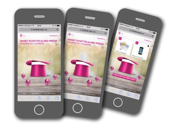 Die Landingpage der T-Mobile-Oster-Promotion für Stammkunden. (bilder alle c: iq mobile) Drei Smartphones zeigen eine T-Mobile-Aktion mit einem magischen Hut und Ostereiern.