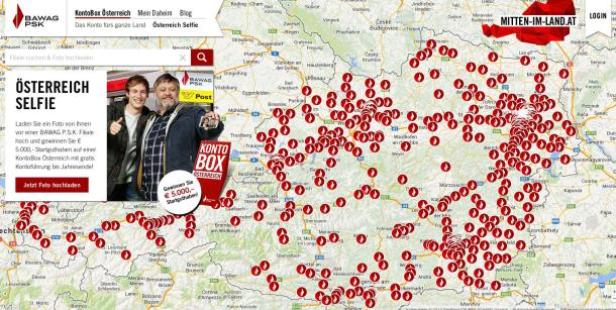 Eine Karte von Österreich mit roten Markierungen für Standorte der BAWAG P.S.K. Filialen.