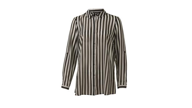 Eine langärmlige, gestreifte Bluse in Schwarz und Weiß.