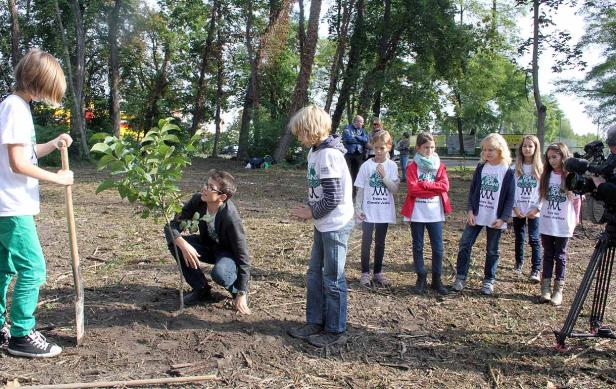 Eine Gruppe von Kindern pflanzt einen Baum im Rahmen einer Baumpflanzaktion.