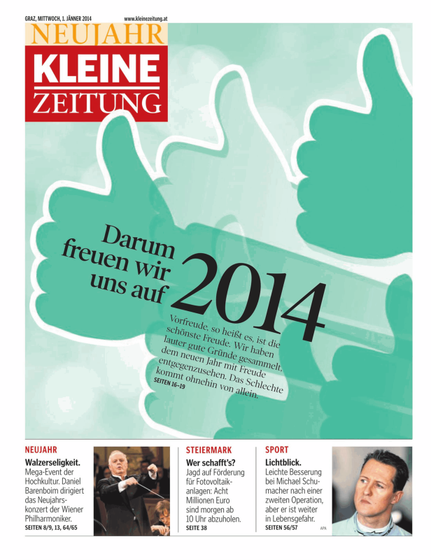 Titelseite der Kleinen Zeitung vom 1. Jänner 2014 mit Neujahrswünschen.